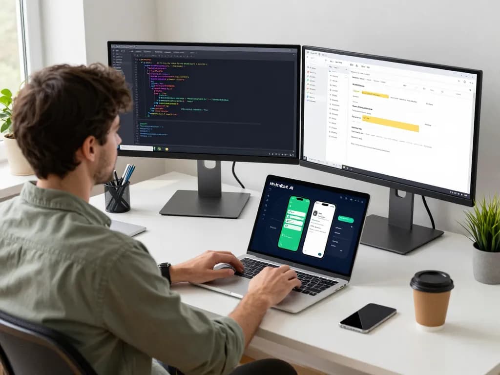 A developer using molt bot in a modern office workspace with multiple screens and chat notifications.