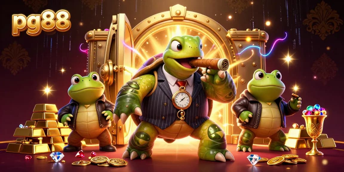 Experience excitement with pg88 in a vibrant casino scene featuring animated turtle and bullfrogs.