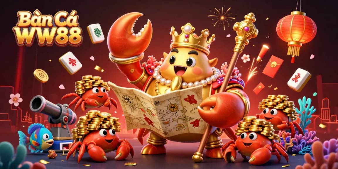 Bắn Cá WW88 showcases an emperor crab holding treasures, surrounded by lively sea creatures in an underwater scene.