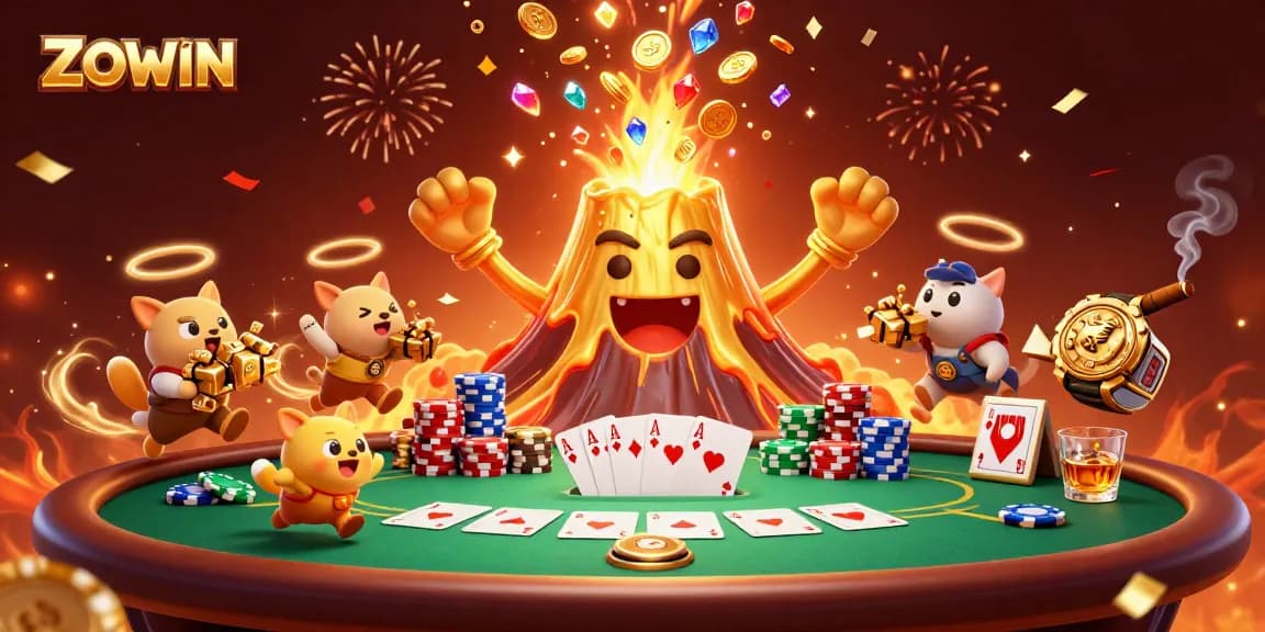 Experience thrilling gameplay at ZOWIN with vibrant casino elements and a jubilant golden volcano.