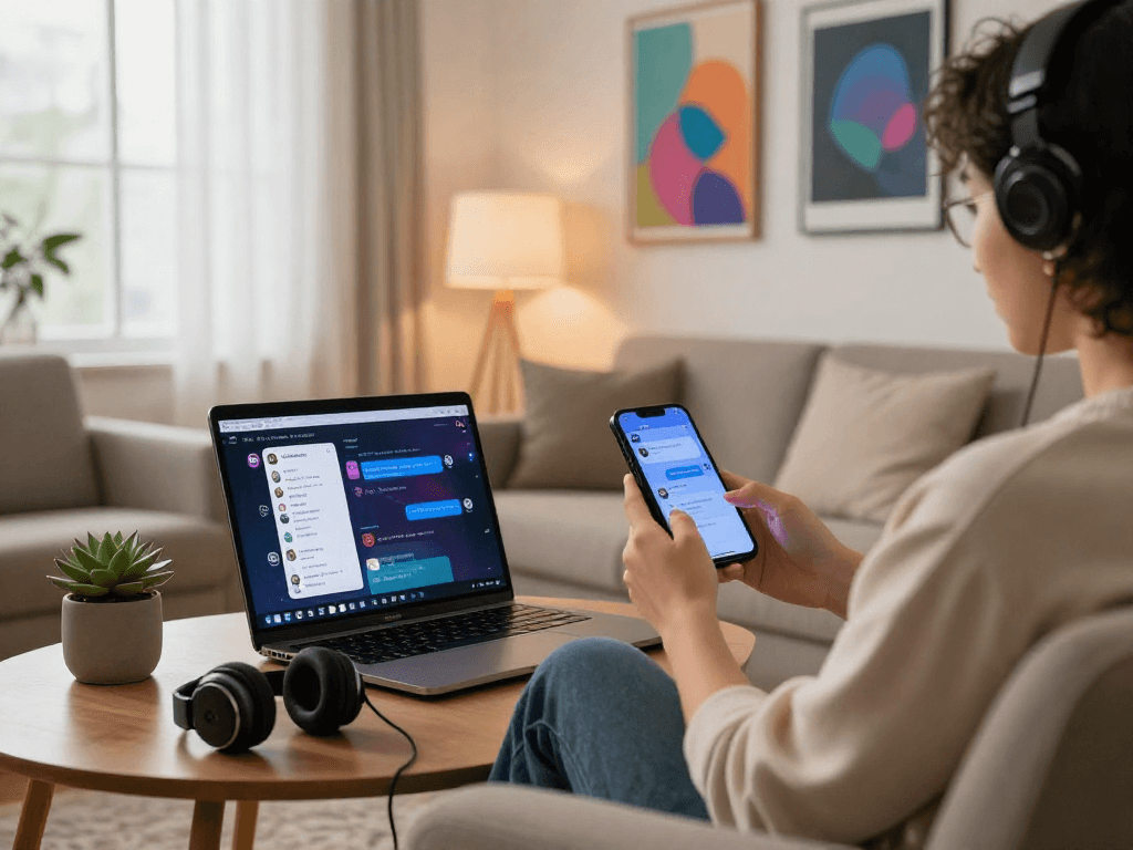 Engaged in AI chat porn on smartphone, cozy couch, creative workspace, warm lighting.