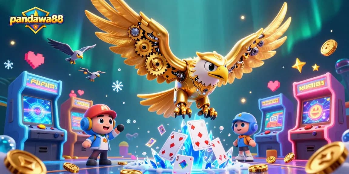 Pandawa88 showcases a dynamic 3D illustration of a cartoon eagle among casino elements, engaging players with holographic cards.