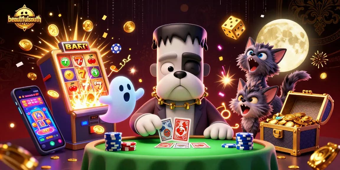beautifulsouth showcases a thrilling casino scene with animated characters dealing cards and celebrating jackpot wins