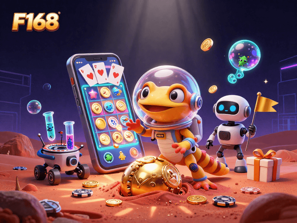 Celebrate wins at F168 with a Martian gecko discovering a golden casino on Mars
