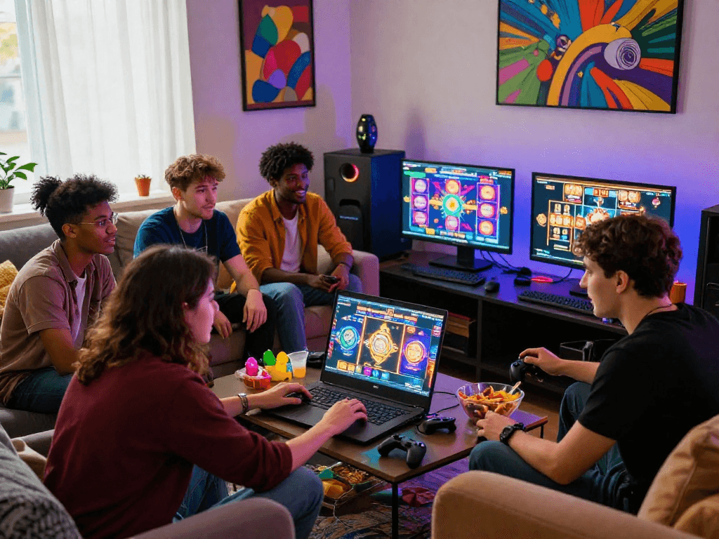 Friends enjoying an exciting gaming night at a casino not on gamstop in a cozy living room setting.