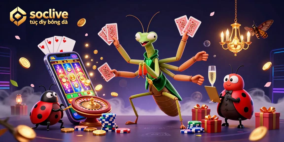 Socolive trực tiếp bóng đá features a lively 3D cartoon mantis card sharp and ladybug pit boss playing casino games in a vibrant scene.