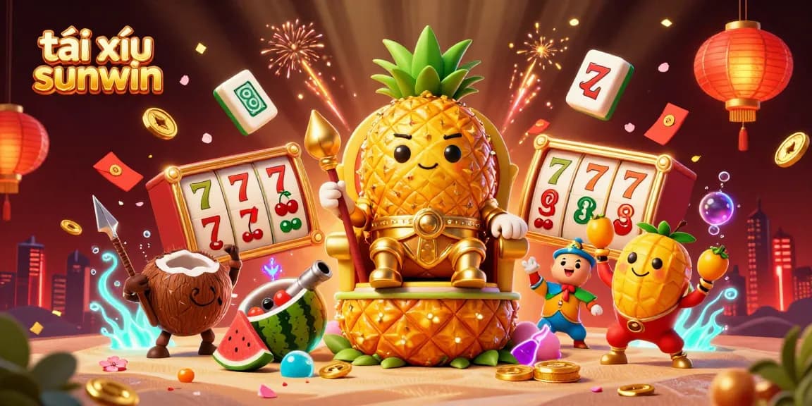 Tai xỉu sunwin showcases a vibrant scene with slot reels and a golden pineapple king highlighting casino excitement.