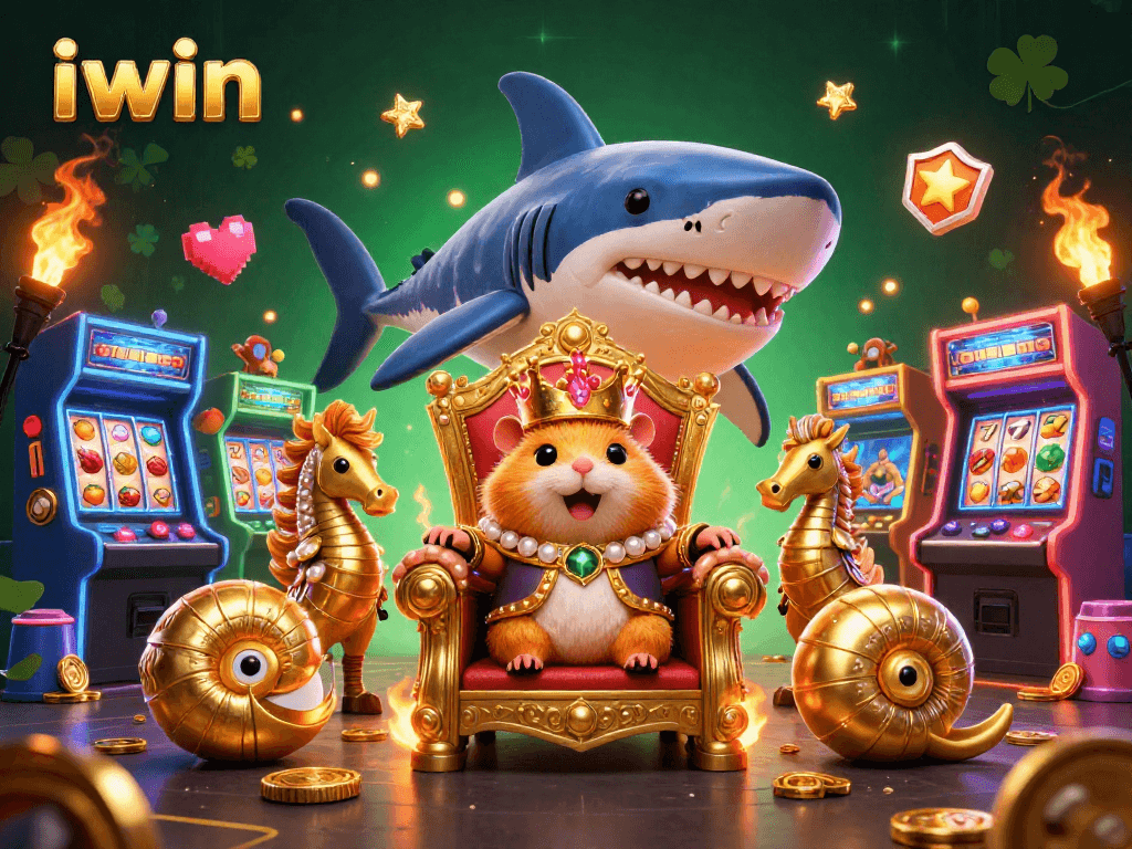 Experience thrilling iwin moments with a cartoon hamster king among bright casino game elements.