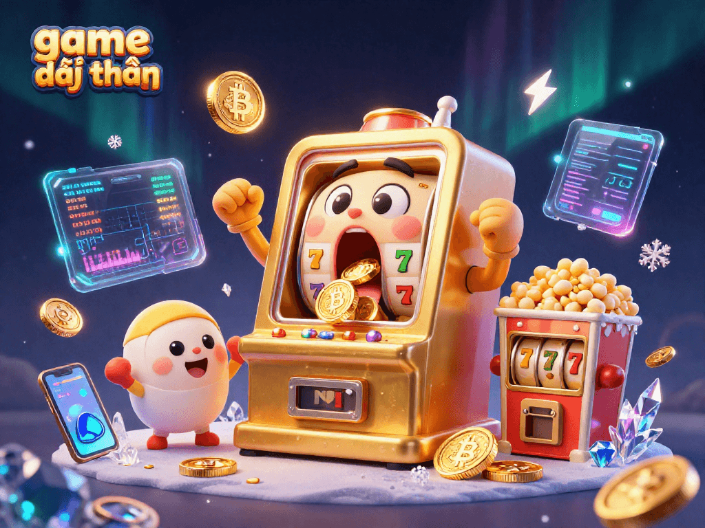 Experience excitement with game đổi thưởng as slot machines celebrate a jackpot amidst crypto elements.