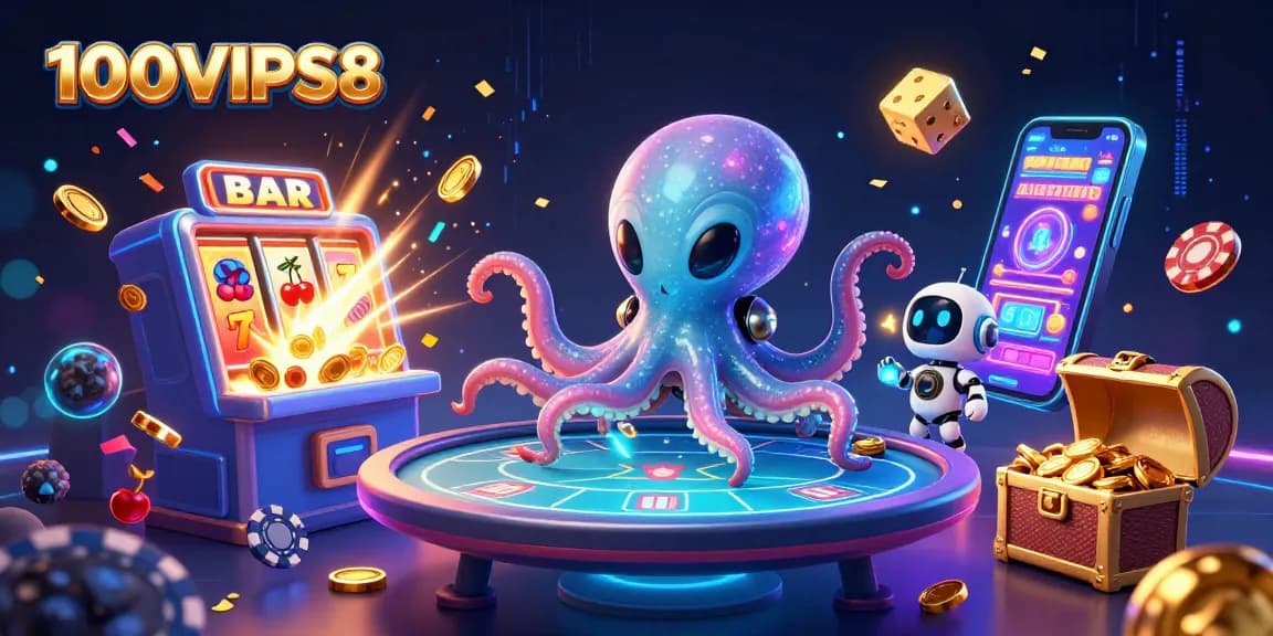 Join the action at 100VIPS8 with an alien octopus dealer at a holographic poker table amidst explosive casino excitement.