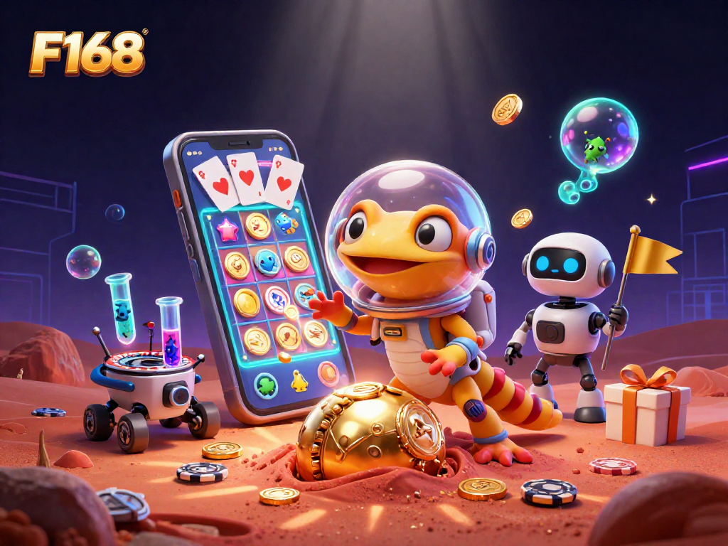 Celebrate wins at F168 with a Martian gecko discovering a golden casino on Mars