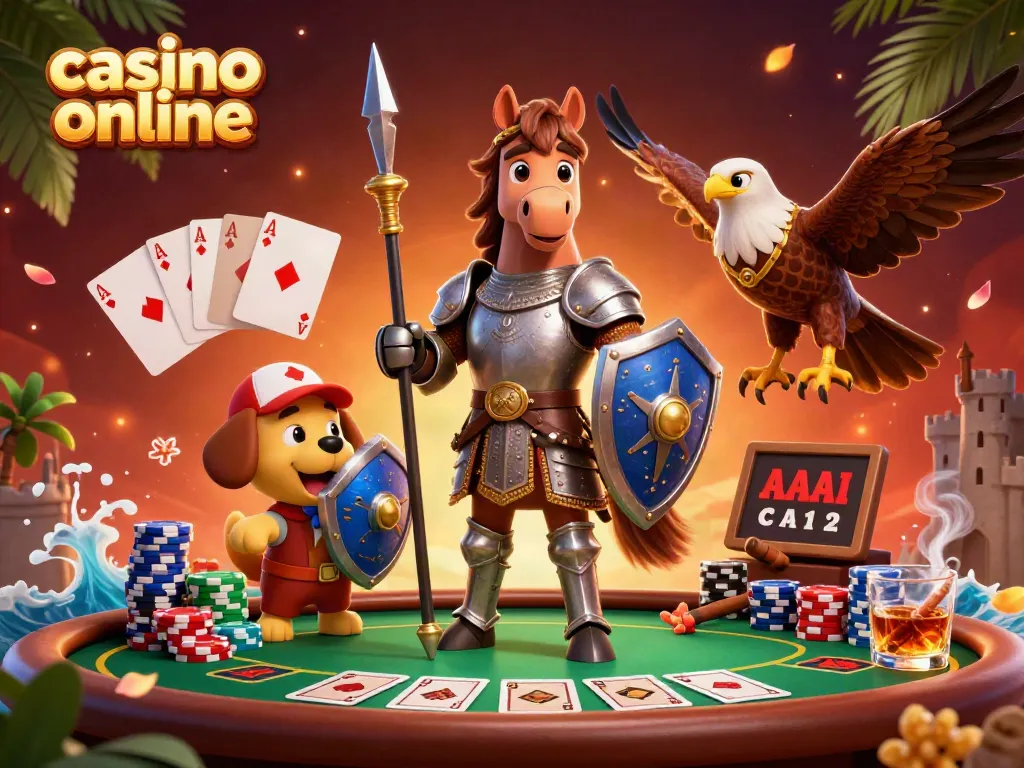 Experience the excitement of casino online with a knight and companions at a poker table.