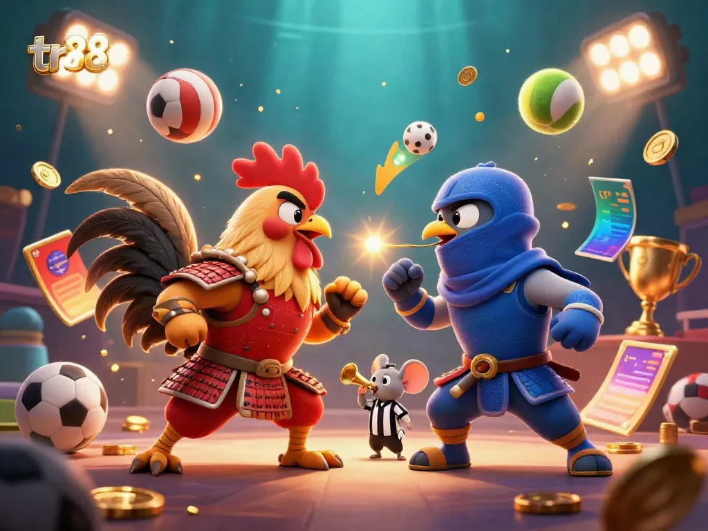 Experience the thrilling tr88 battle of cartoon roosters in a dynamic casino gaming scene.