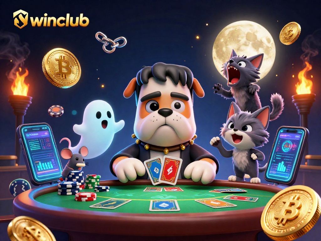Iwinclub poker scene with a Frankenstein bulldog, ghost mouse, and werewolf kitten amidst crypto coins.