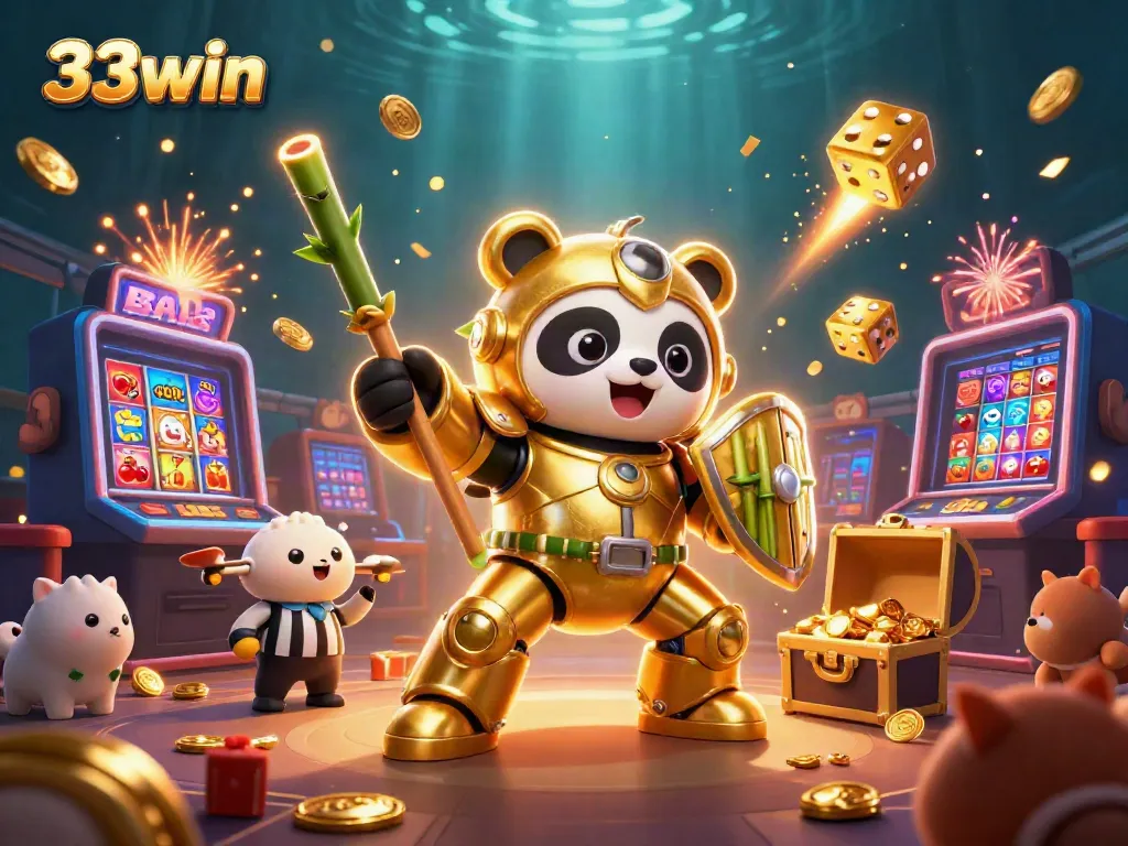 Experience 33win with a lively mech-suit panda amid casino excitement and dazzling jackpots.