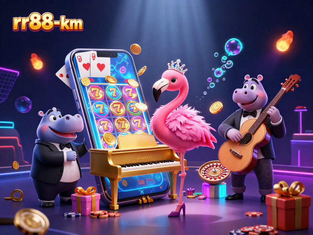 Spin the reels with rr88-km at this lively casino illustration featuring a flamingo singer.