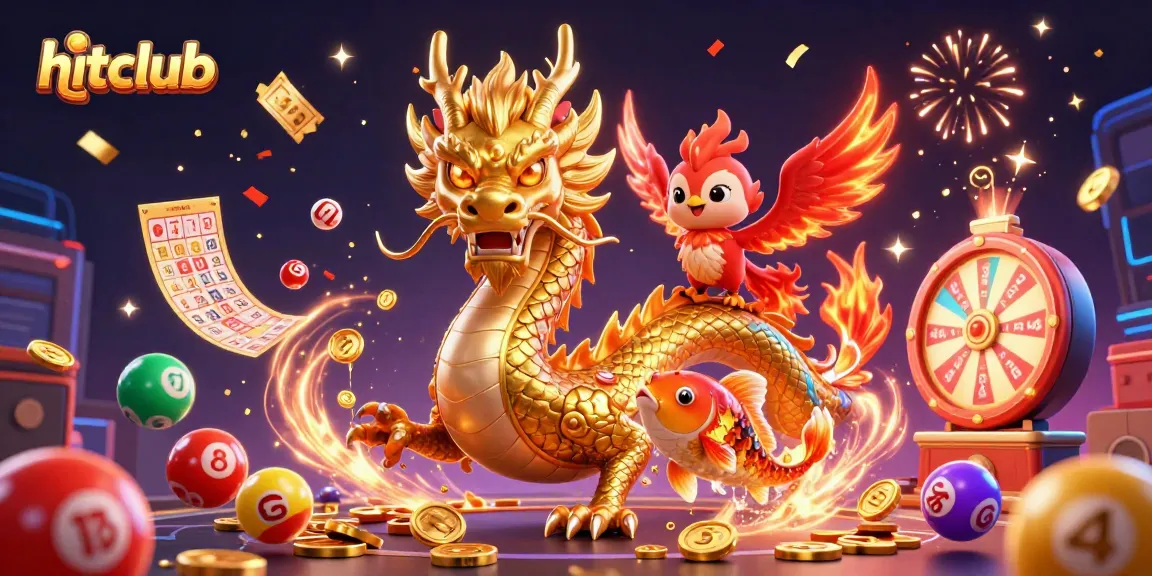Engage with hitclub's vibrant gaming world featuring a golden dragon, phoenix, and koi fish in animated action.