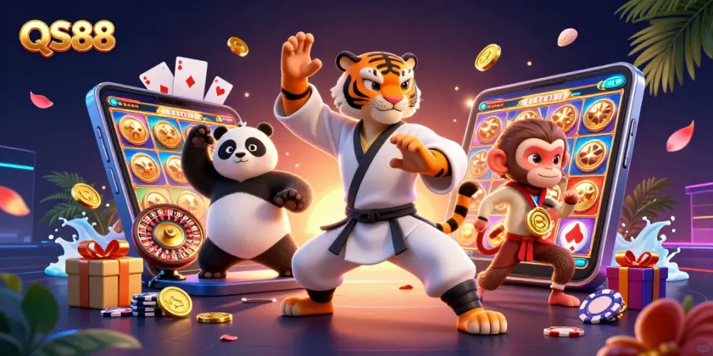 QS88 engages players with an exciting scene of a kung fu tiger, panda, and monkey amidst vibrant casino elements.