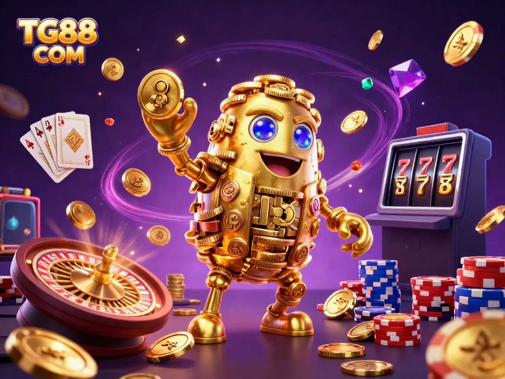 Experience thrilling wins at TG88 COM with our dynamic casino illustration showcasing a golden golem and exciting game elements.