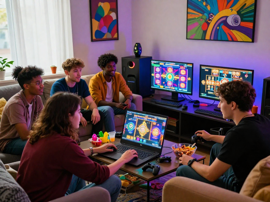 Friends enjoying an exciting gaming night at a casino not on gamstop in a cozy living room setting.