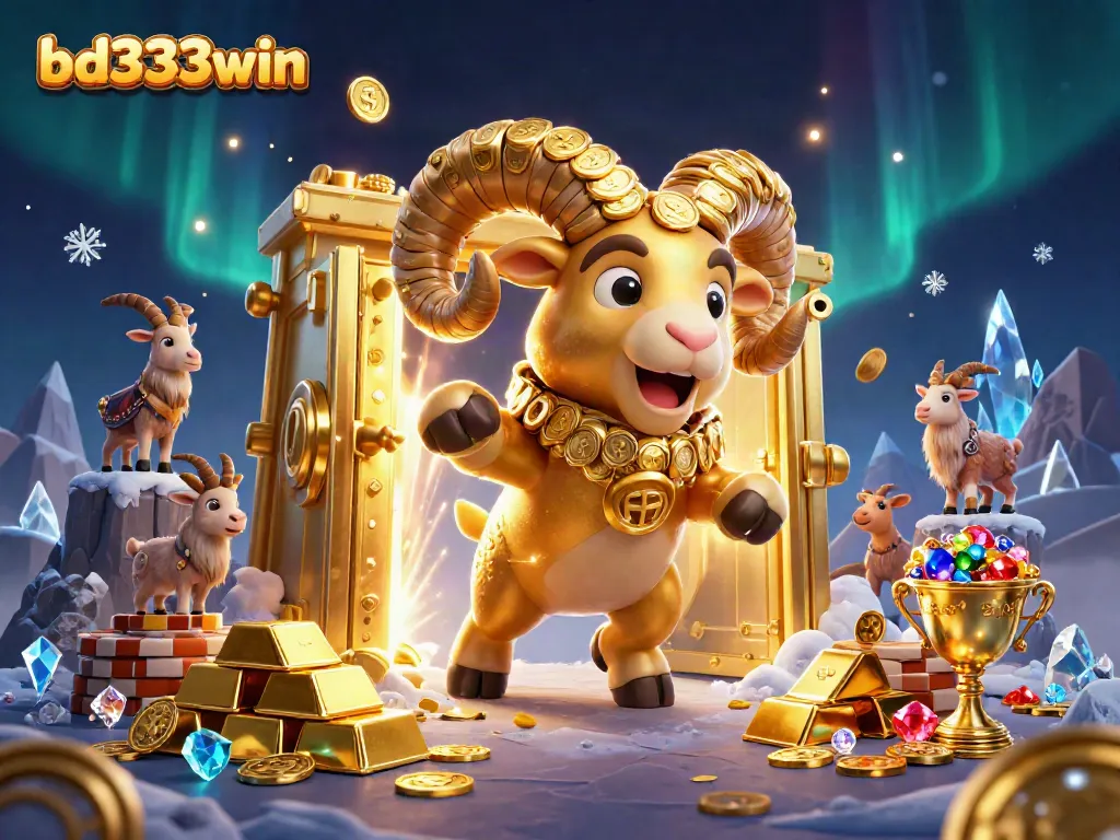 Experience thrilling action and excitement at bd333win with a golden ram charging through a treasure-filled gate.
