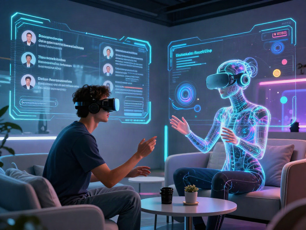 AI chat porn exploring interactive virtual interactions in a futuristic environment.
