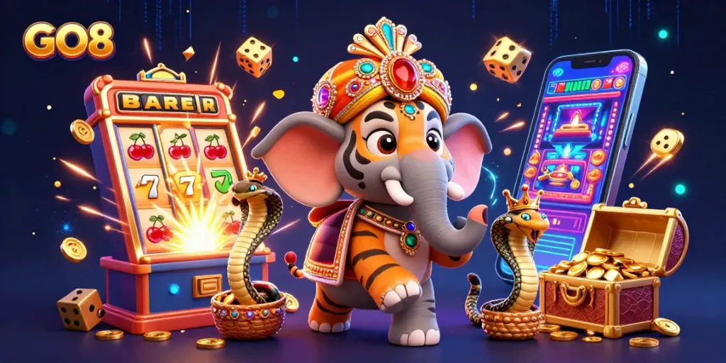 Experience the vibrant excitement of GO8's casino adventure with a colorful jackpot explosion.