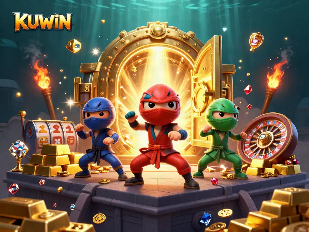 Experience thrilling adventures with KUWIN's ninja chameleon team surrounded by dazzling treasures and casino elements.