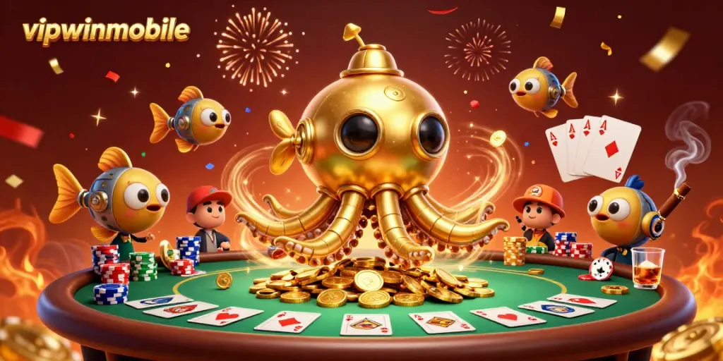 Engage with vipwinmobile's lively casino scene featuring a golden kraken submarine amidst poker excitement.