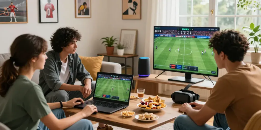 Friends engaged in sports betting online at https://five88.boats/, surrounded by snacks and sports memorabilia in a cozy living room.