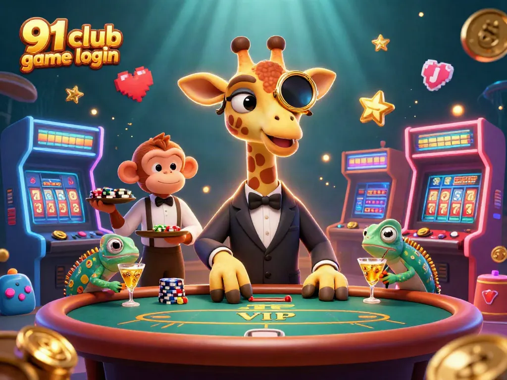Experience the thrill of 91 club game login with vibrant casino elements around a stylish giraffe character.