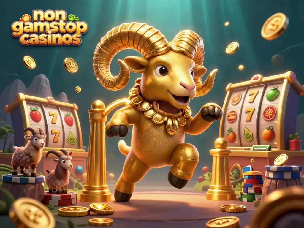 Experience thrilling gameplay with vibrant non gamstop casinos featuring 3D golden ram and jackpot symbols.