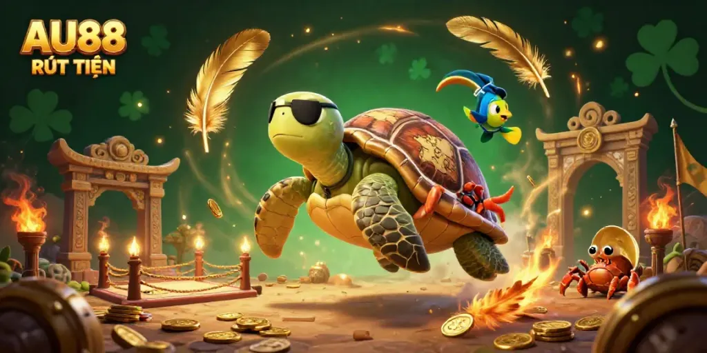 Experience AU88 RÚT TIỀN with a pirate turtle and treasures at an online casino.