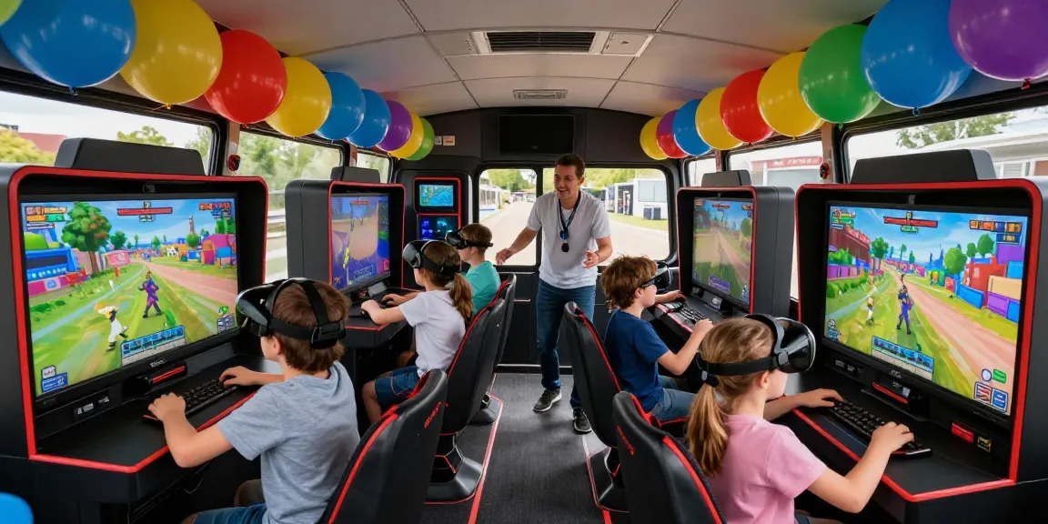 Mobile Gaming Party Colchester inside a lively gaming bus with children enjoying VR and games.