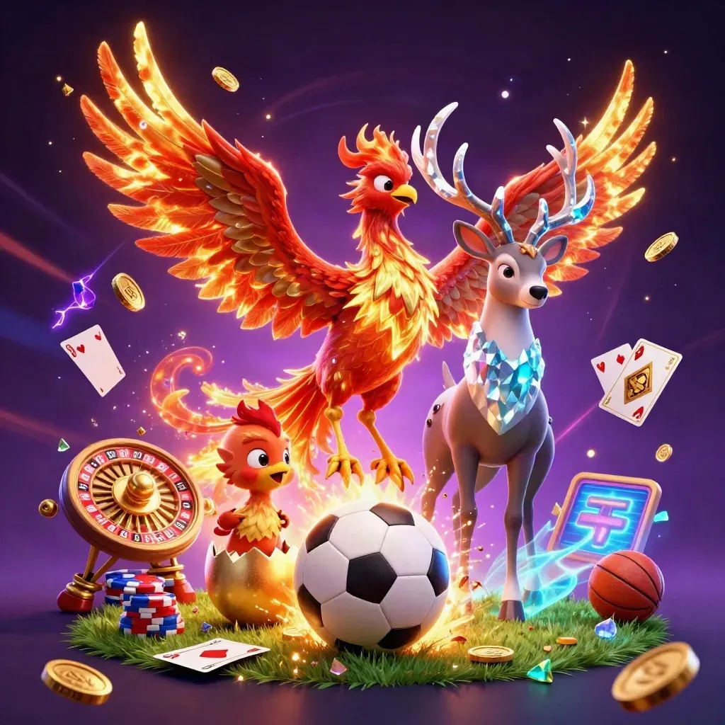 Fantasy casino sports key art: phoenix, stag and chips explode around a frozen soccer ball.