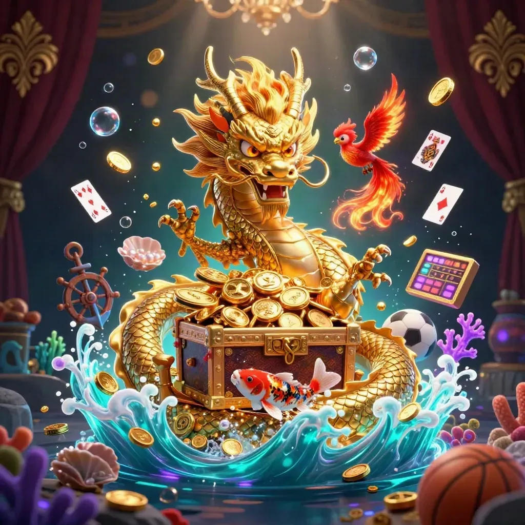 Golden dragon with phoenix and koi amid treasure, casino icons, and glowing underwater light