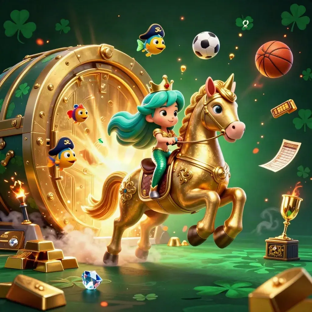 Mermaid princess on armored seahorse amid treasure, balls, gems and blazing casino light.
