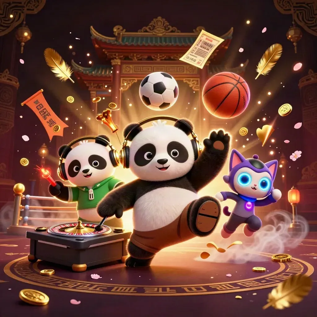 Gold-lit cartoon DJ panda, monkey and glow-stick kitten amid casino sports props and temple haze.