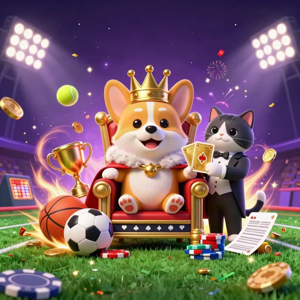 Royal corgi and cat butler amid flying sports balls, chips, coins, and blazing floodlights.