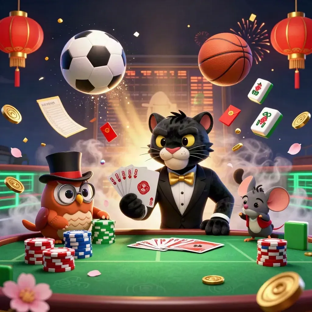 Panther, owl and mouse amid casino chips, lanterns, cards and flying sports balls.