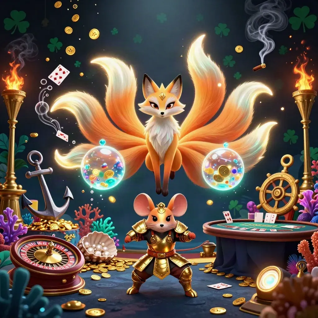 Neon fox spirit and samurai mouse in a lavish casino cove with gold and emerald glow