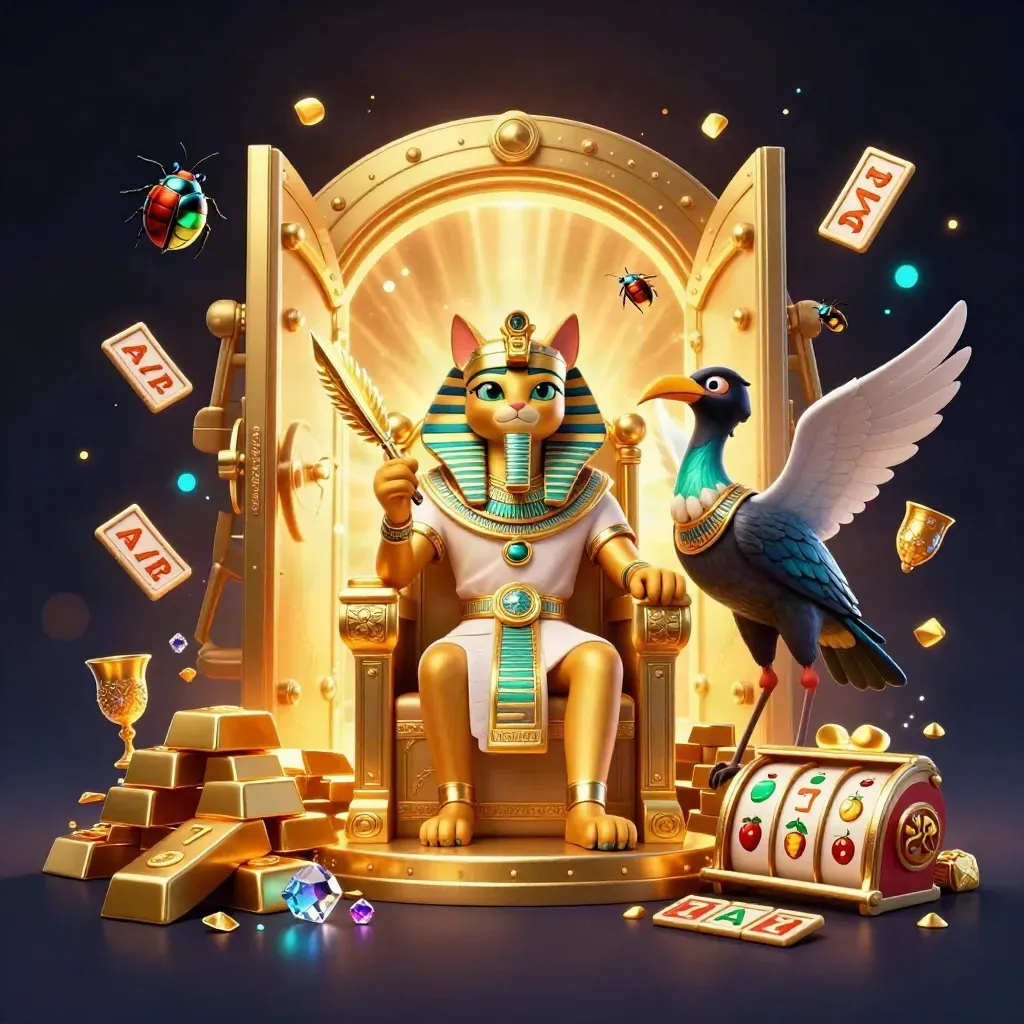 Pharaoh cat, ibis scribe, and gem-winged scarabs burst from a golden vault in neon casino light.