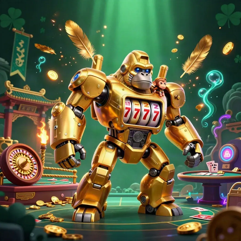 Golden gorilla mech and monkey pilot amid casino relics, emerald glow, and neon light.