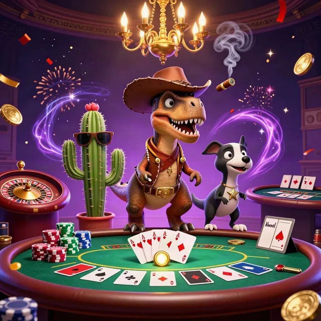 Cowboy T-Rex, cactus sidekick, and roadrunner in a luxe casino scene with cards, chips, sparks