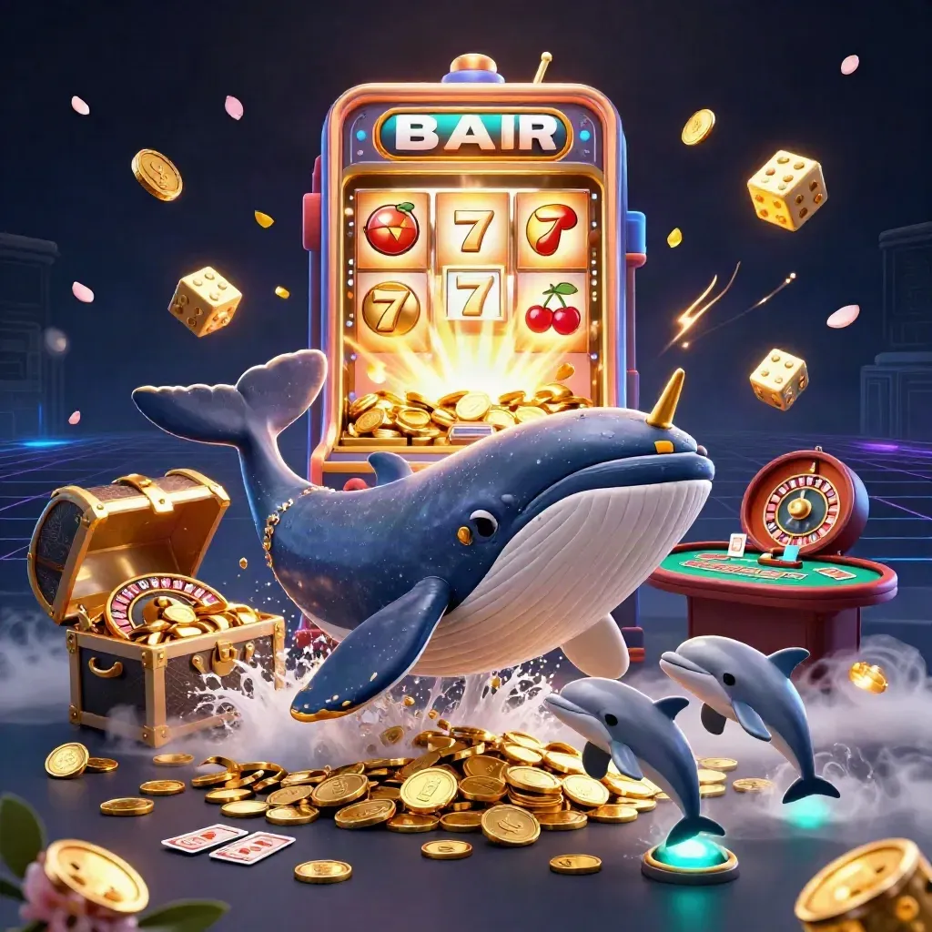 Whale captain, narwhal and dolphins in a neon casino splash scene with gold, dice and a slot machine.