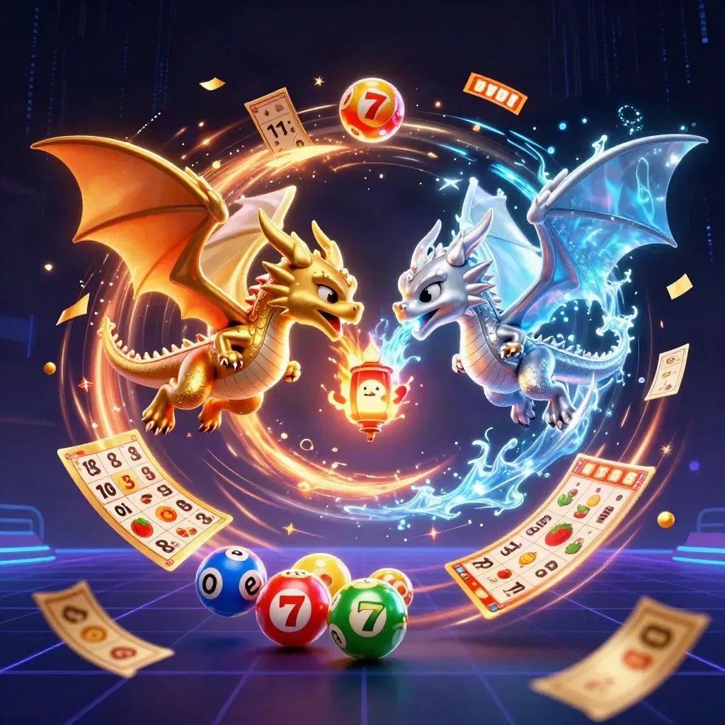 Twin gold and silver dragons swirl in a neon casino burst with lottery balls, bingo, reels and energy.