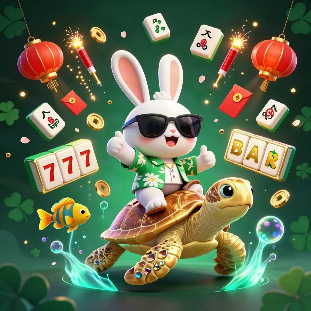 Lucky rabbit on a golden turtle with casino treasures bursting in a neon underwater scene
