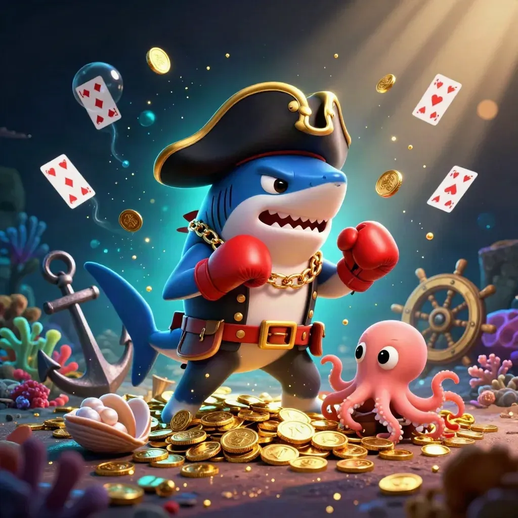 Pirate shark, boxing pufferfish, and coin-juggling octopus in a glowing treasure cove.
