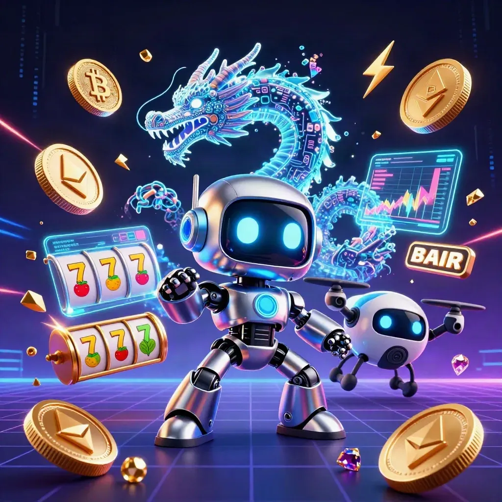 Cyberpunk robot, holographic dragon, and coin drone amid crypto coins, neon grid, and casino energy