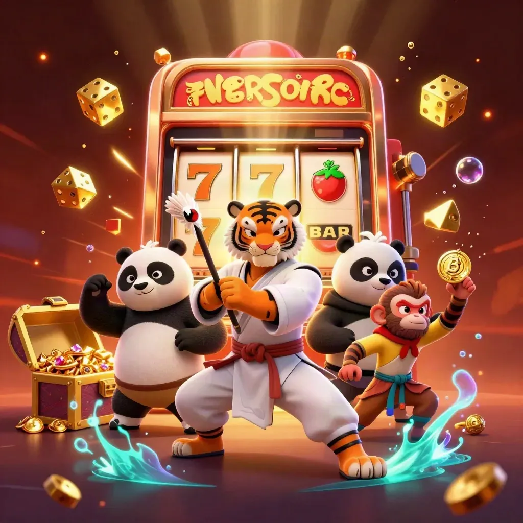 Kung-fu tiger, panda and monkey amid a bursting slot machine, gold dice and treasure chest